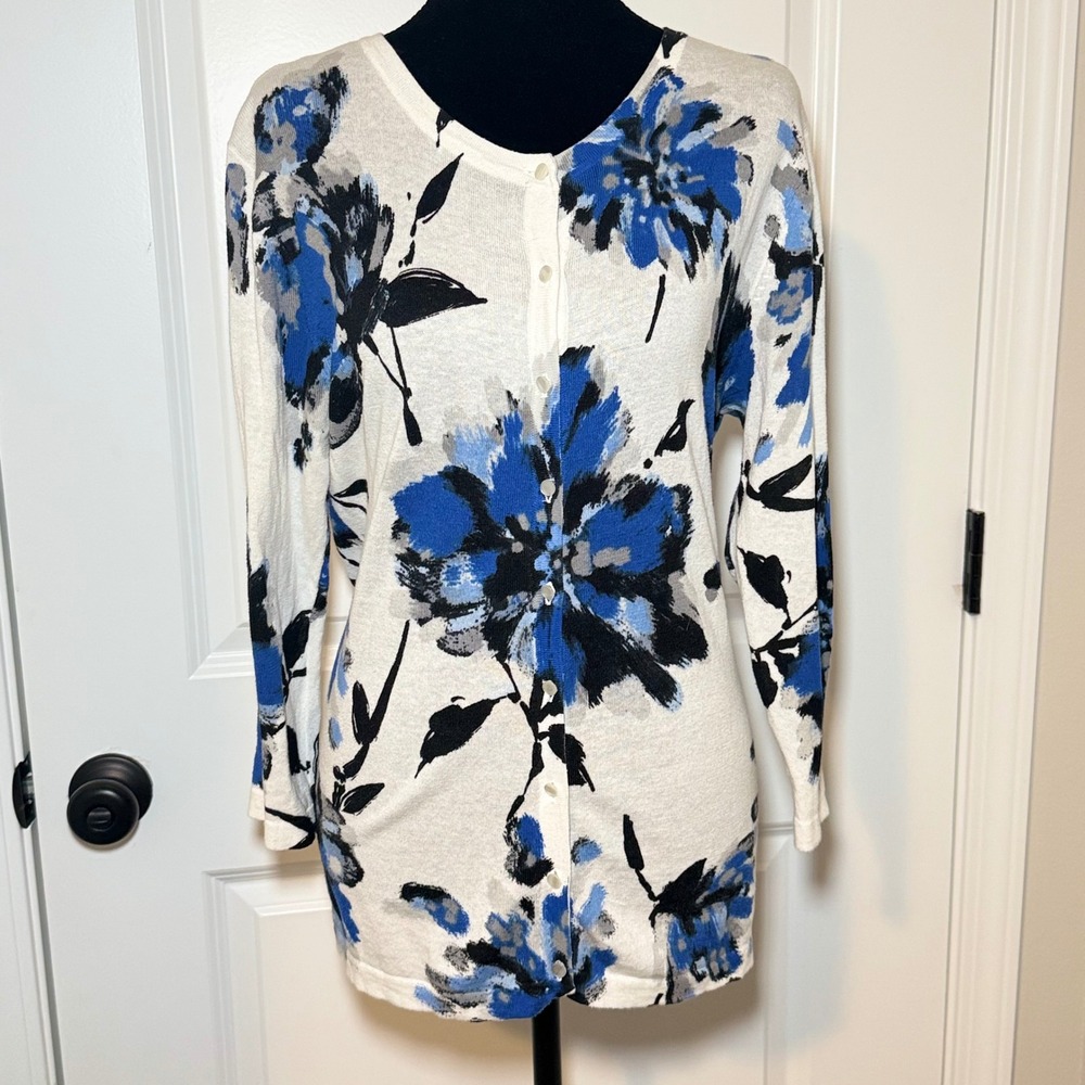 Nue Options Essentials Women Blue Floral Button Front Cardigan Sweater Large